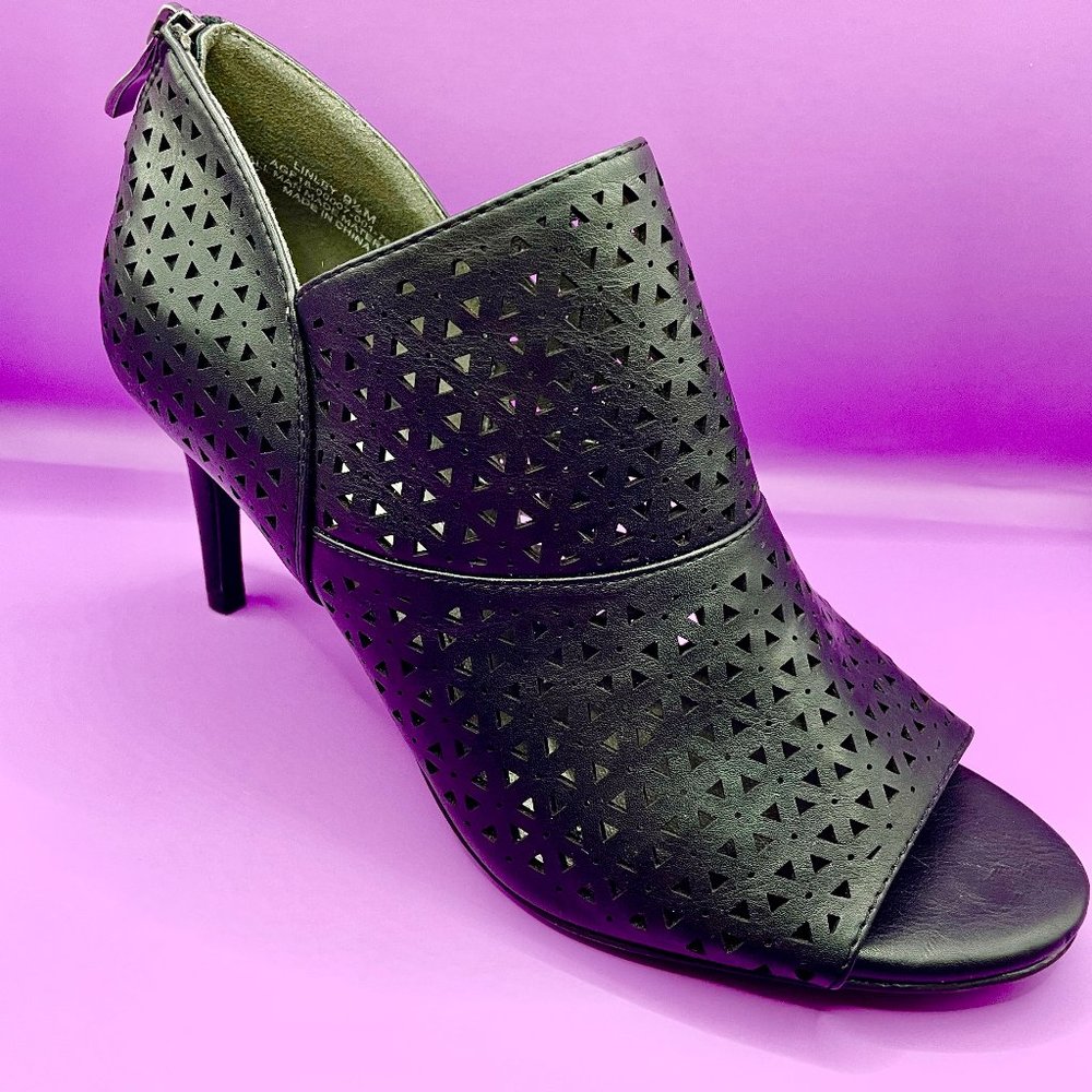 Women's - Man Made Leather Laser Cut Perforated Open Toe Heels.